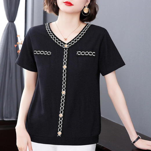 宽松V领短袖t恤女夏季2025年新款小香风女士上衣时尚减龄妈妈女装 商品图3