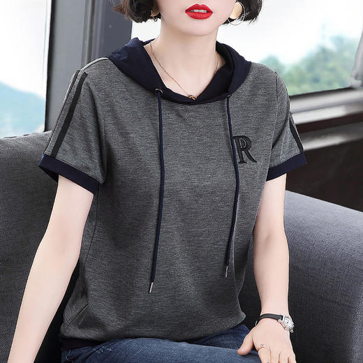 连帽短袖t恤衫女薄款夏装2026新款妈妈大码休闲带帽运动上衣宽松 商品图3
