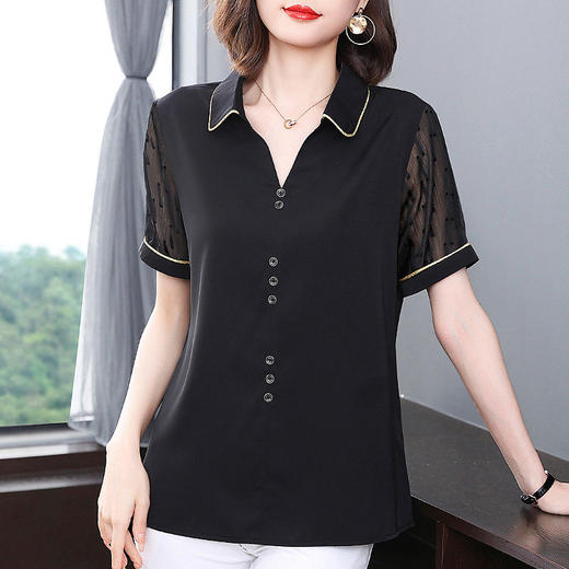 短袖衬衫女雪纺夏季薄款高端时尚洋气大码黑色上衣2026年新款夏装 商品图0