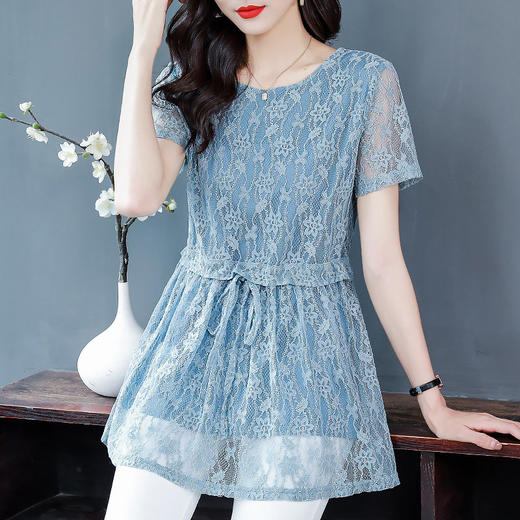 大码蕾丝衫女2026夏季新款宽松中长款收腰遮肚子显瘦气质短袖上衣 商品图1