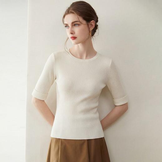 「自」全新升级【铂金会员293/天猫389/差价96】(14009)洛诗琳袖口挽边羊毛针织短袖2026新款优雅修身五分袖上衣 商品图2