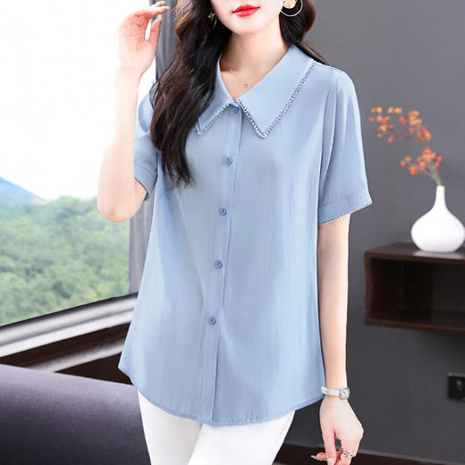 夏季衬衫女薄款短袖遮肚上衣2025年新款宽松减龄蕾丝花边翻领衬衣 商品图3