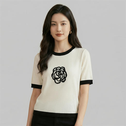 奢姿雅经典山茶花冰丝针织短袖夏季经典撞色T恤M-2XL 商品图1