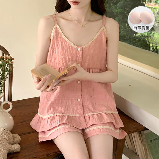 【GZ】无忧购云朵棉睡衣女夏季带胸垫吊带短裤长裤三件套家居服套装9933#9934#（截单后3-5天发货） 商品图4