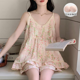 【GZ】无忧购云朵棉睡衣女夏季带胸垫吊带短裤长裤三件套家居服套装9933#9934#（截单后3-5天发货）
