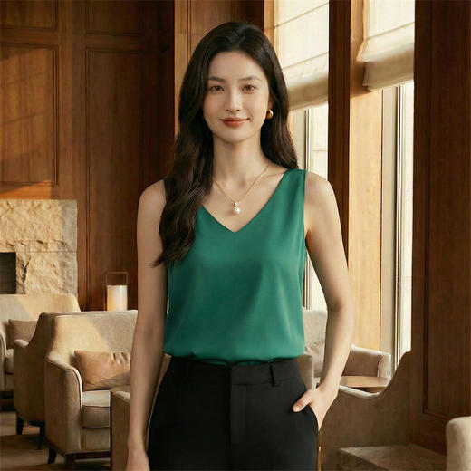 奢姿雅缎面V领圆领双肩带吊带纯色简约内搭夏季无袖宽松打底衫S-3XL 商品图5