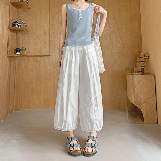 冰丝阔腿裤女2026夏季薄款小个子松紧腰宽松垂感镂空花边花苞裤子   NDK-J2906 商品图2