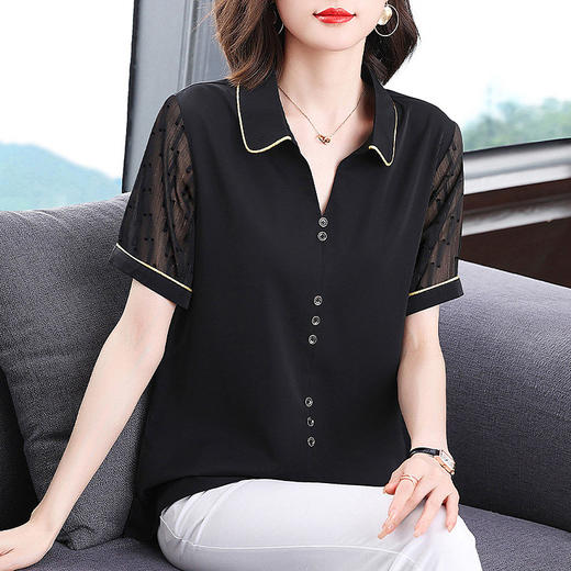 短袖衬衫女雪纺夏季薄款高端时尚洋气大码黑色上衣2026年新款夏装 商品图3