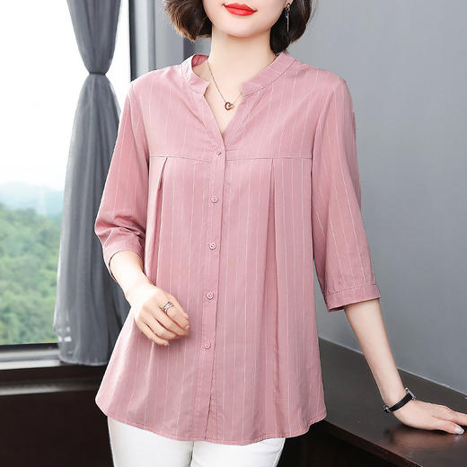 条纹衬衫女士春春装新款妈妈减龄时尚洋气小衫大码衬衣七分袖上衣 商品图2