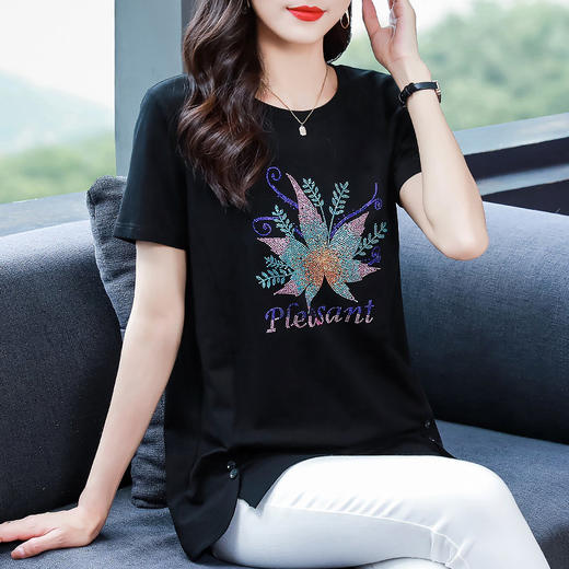 中长款女t恤夏季新款纯棉大码女装时尚烫钻女士短袖遮肚显瘦上衣 商品图2