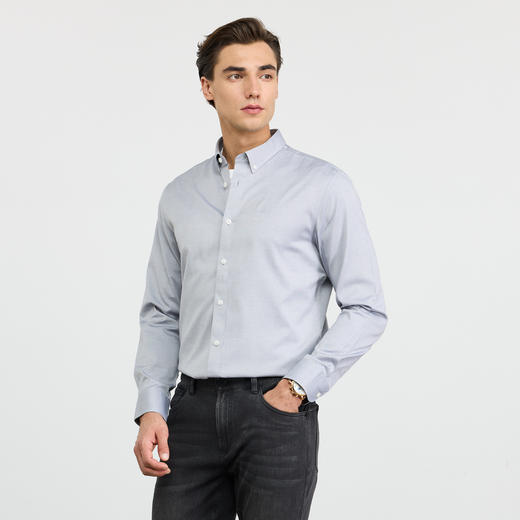 【纯棉】德鲨男装商务长袖衬衫2026春新款休闲纯色打底上衣男衬衣 商品图1