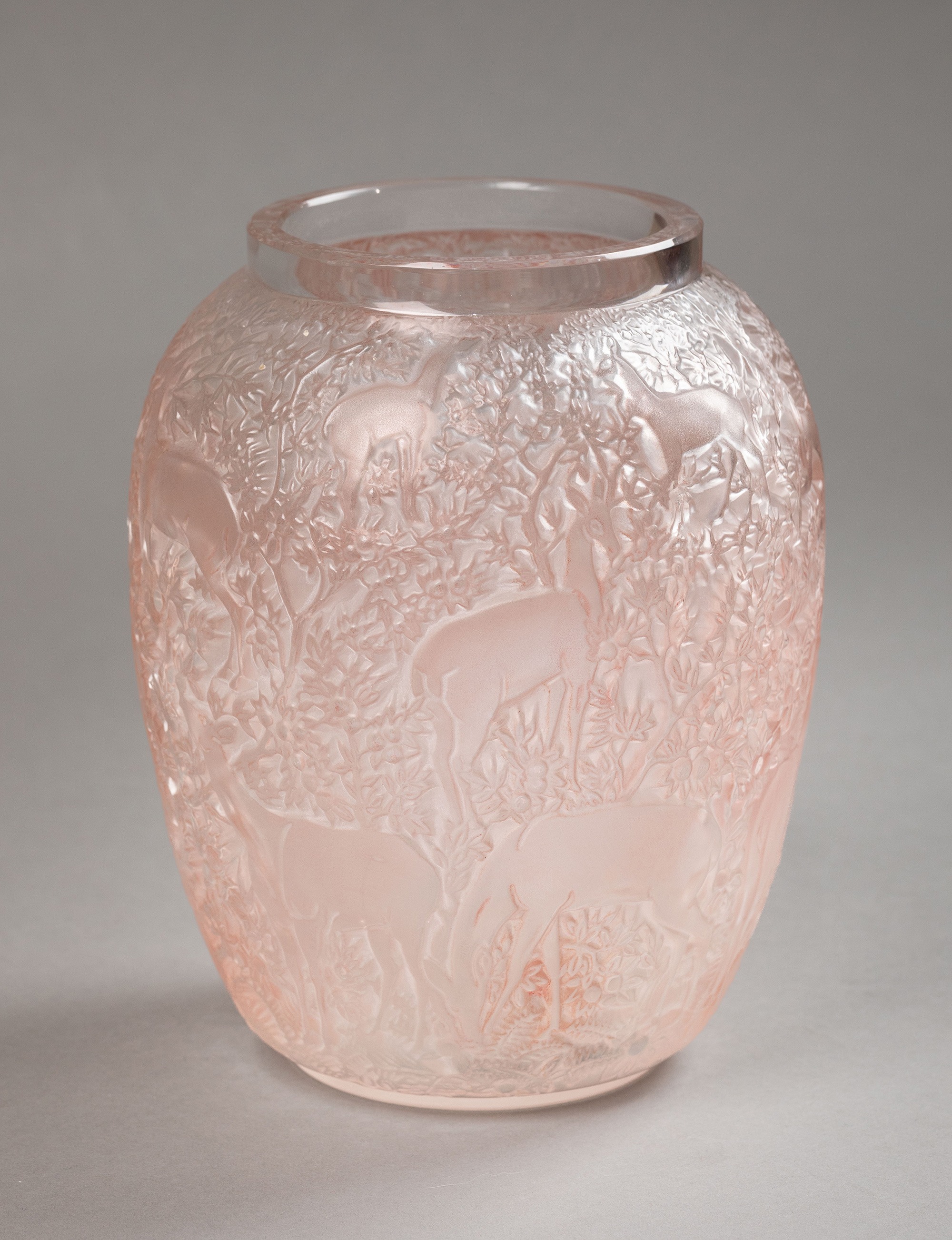 独角鹿西洋古董1932年法国顶级水晶工坊莱俪LALIQUE设计出品「BICHES 小鹿」主题粉色欧泊水晶花瓶