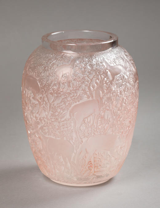 独角鹿西洋古董1932年法国顶级水晶工坊莱俪LALIQUE设计出品「BICHES 小鹿」主题粉色欧泊水晶花瓶 商品图0