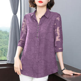 中年女雪纺衫夏季大码女装宽松遮肚子上衣新款妈妈中袖七分袖衬衫