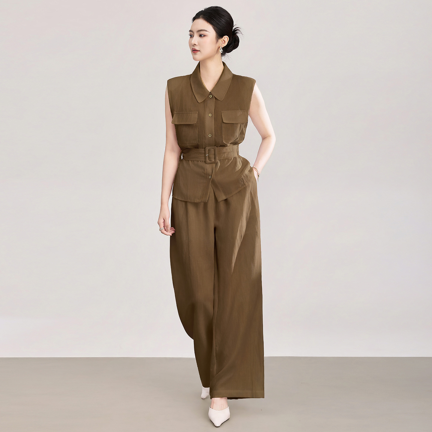 天丝亚麻老钱风腰带无袖衬衫 高腰阔腿裤套装 WLZD2603301