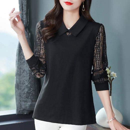 翻领长袖t恤洋气2026新款春秋季妈妈女士上衣大码女装黑色打底衫 商品图3