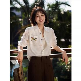 红层科技 春日松弛感 彩扣小马刺绣棉麻衬衫3197