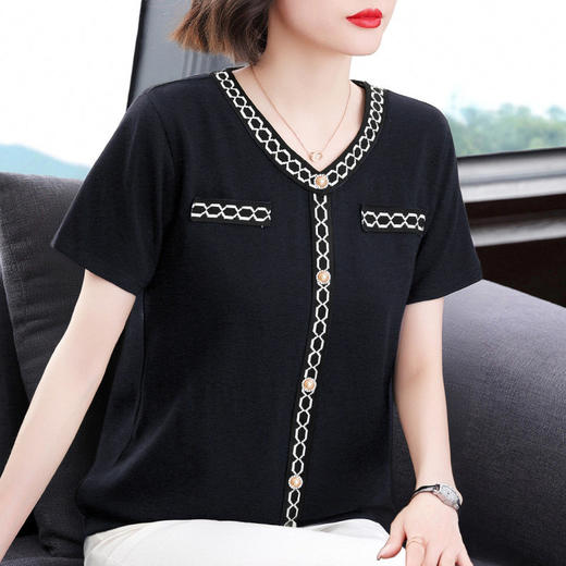 宽松V领短袖t恤女夏季2025年新款小香风女士上衣时尚减龄妈妈女装 商品图2