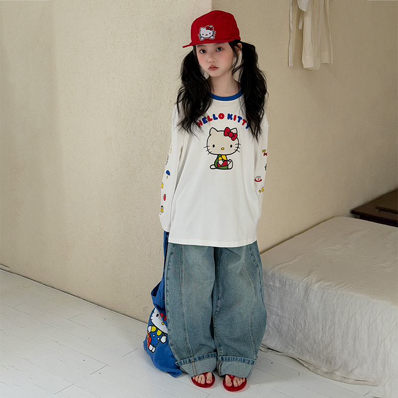 直发【6021】甜酷少女 高克重全棉 女童KT猫长袖T恤