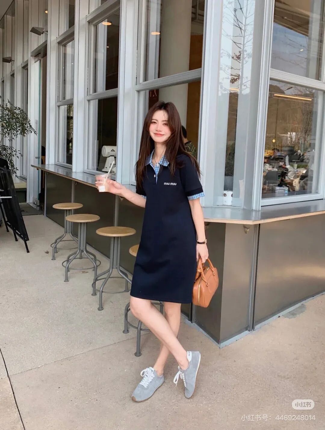 mi*u|谬系 蓝色格纹珠地棉假两件蜂网刺绣徽标格蓝格衬衫领polo连衣裙