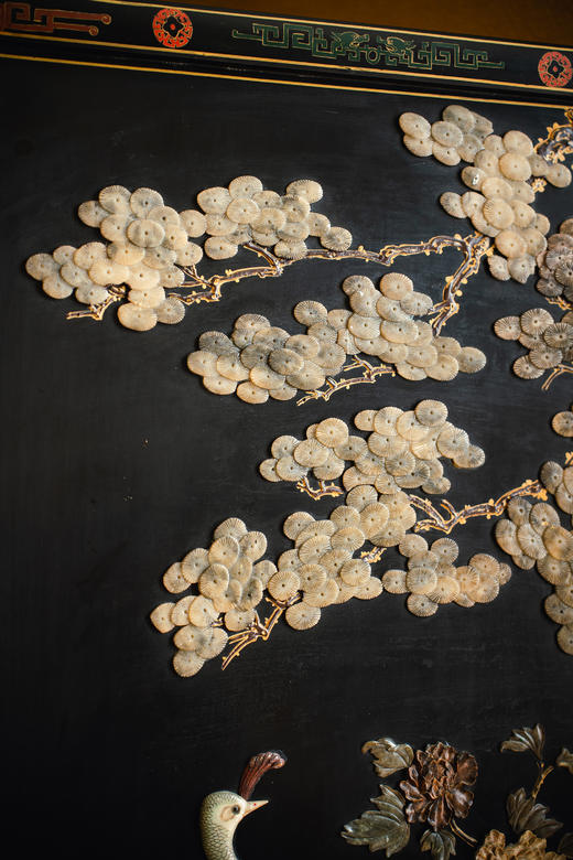独角鹿西洋古董20世纪中国出品硬石镶嵌孔雀牡丹主题五曲屏风 商品图5
