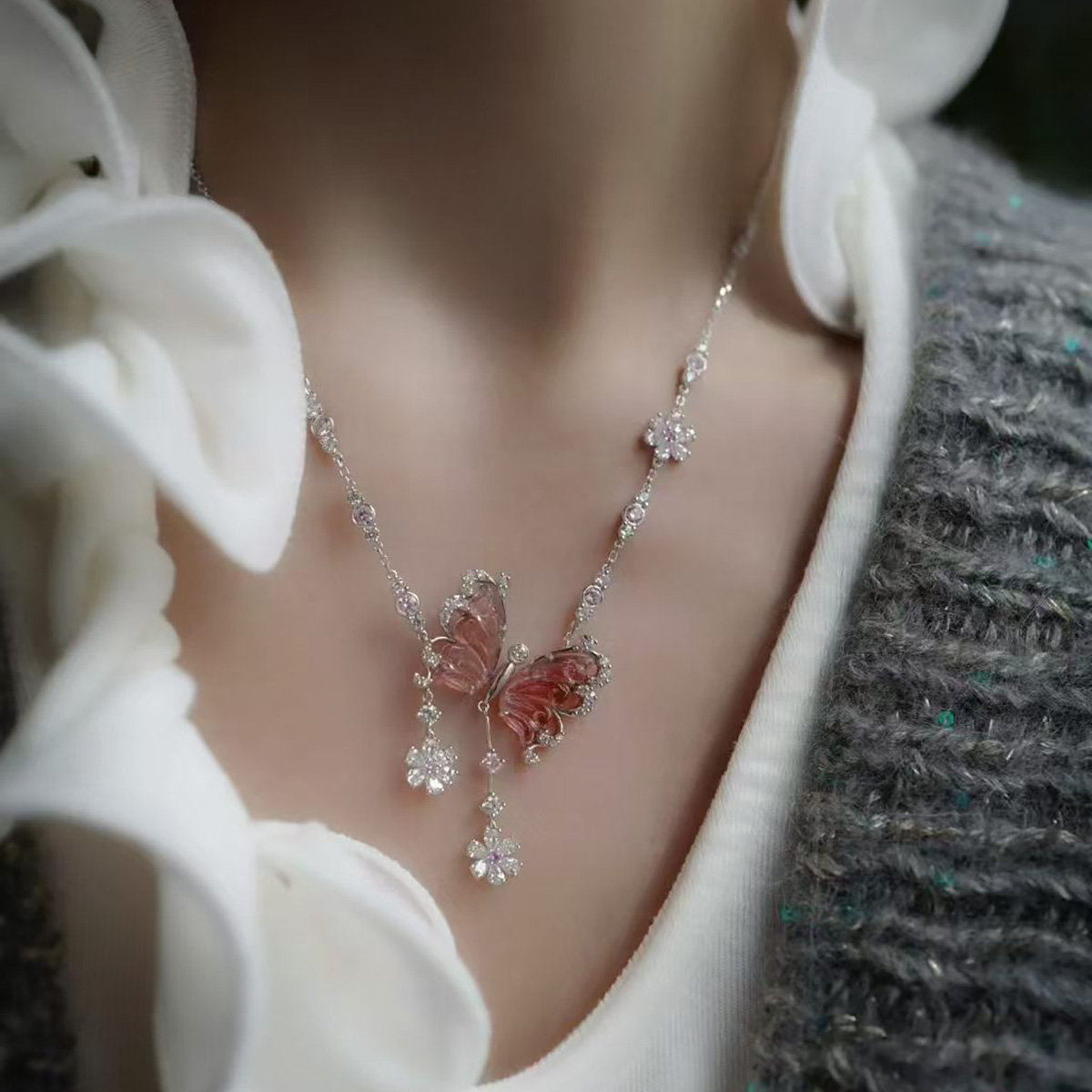 龢盒原创 庄生晓梦迷蝴蝶🦋银镶碧玺锁骨链