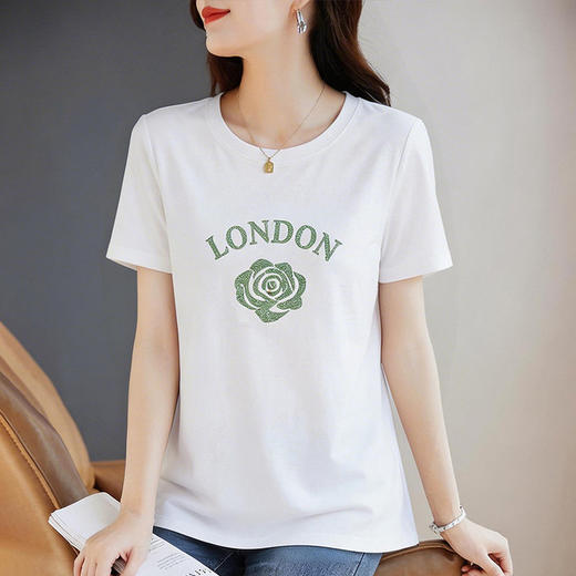 白色印花圆领短袖T恤女士夏季新款减龄大码女装宽松正肩休闲上衣 商品图3