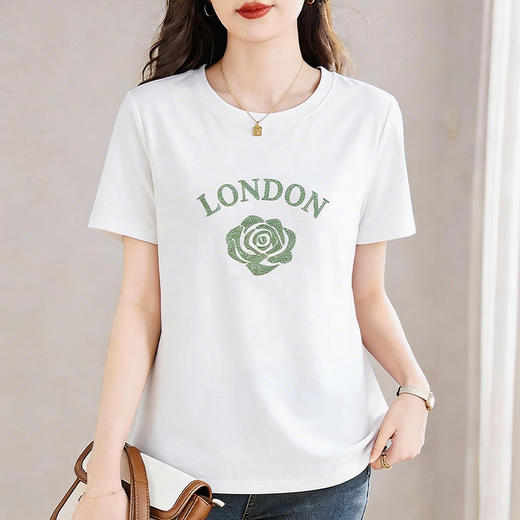 白色印花圆领短袖T恤女士夏季新款减龄大码女装宽松正肩休闲上衣 商品图1