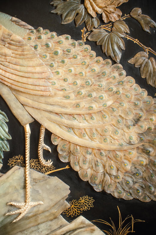 独角鹿西洋古董20世纪中国出品硬石镶嵌孔雀牡丹主题五曲屏风 商品图8