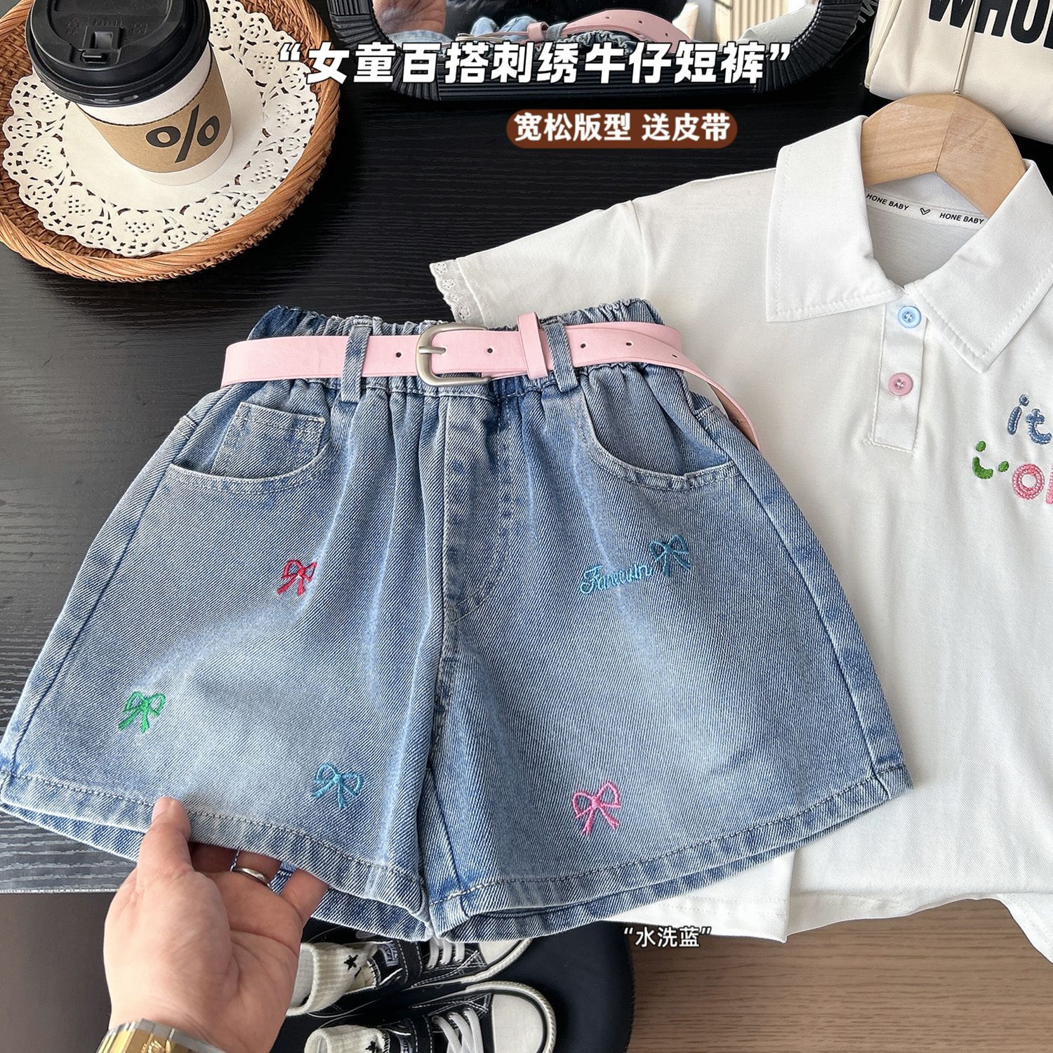 2026新款夏款棉质牛仔布童装 可爱卡通绣花牛仔短裤