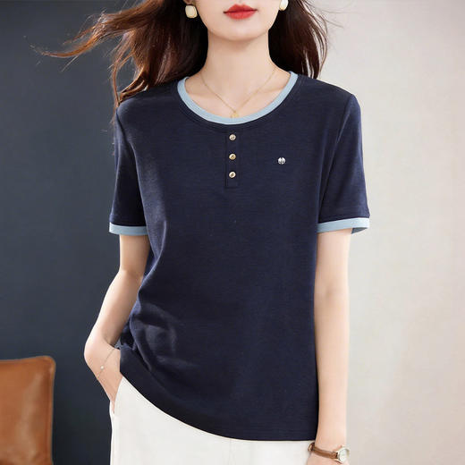 圆领短袖T恤女士夏季新款大码女装体恤拼接撞色休闲上衣洋气减龄 商品图1