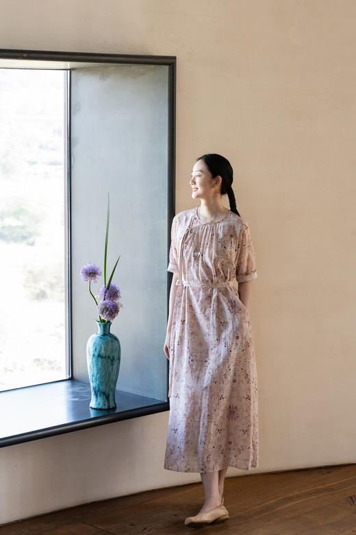 牧衣游原创 丝棉印花连衣裙新款宽松古朴文艺气质碎花长裙 半山海 商品图5