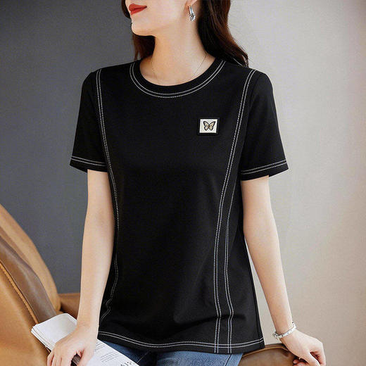 黑色圆领正肩T恤女夏季新款遮肚显瘦大码半袖体恤短袖上衣高级感 商品图3