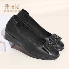 简约风真皮浅口单鞋女坡跟方扣软底舒适妈妈鞋通勤皮鞋6C7832-90