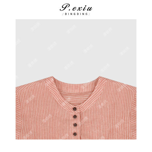 04-3潘依绣丁丁宠粉100%亚麻半开领压褶肌理感条纹短袖衬衫WH00371 商品图2