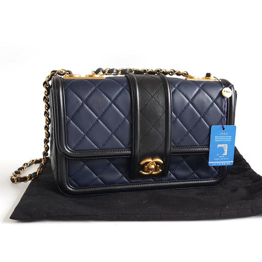 【95新】CHANEL香奈儿A91365 Y07659 C9955蓝黑拼色羊皮菱格CF链条包单肩包女士070426NJS17 商品图1