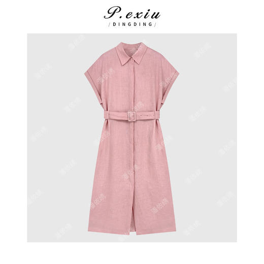 PanYiXiu/潘依绣100%亚麻高级感收腰显瘦翻领短袖连衣裙 W-63259 商品图1