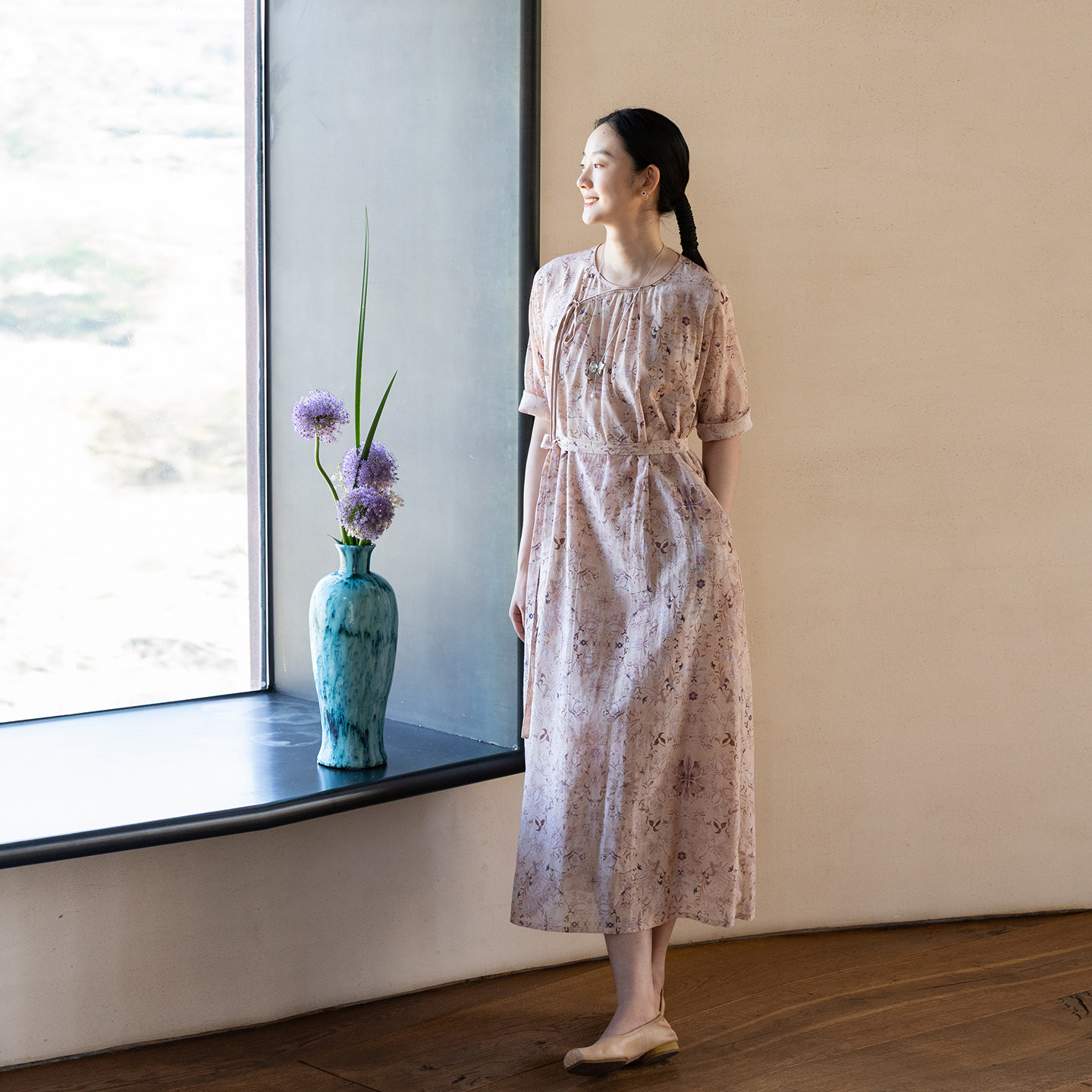 牧衣游原创 丝棉印花连衣裙新款宽松古朴文艺气质碎花长裙 半山海