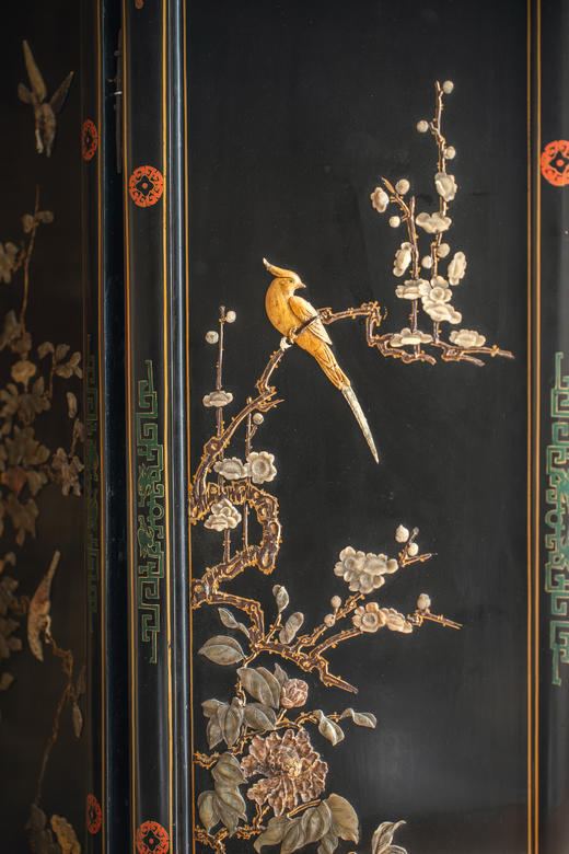 独角鹿西洋古董20世纪中国出品硬石镶嵌孔雀牡丹主题五曲屏风 商品图2