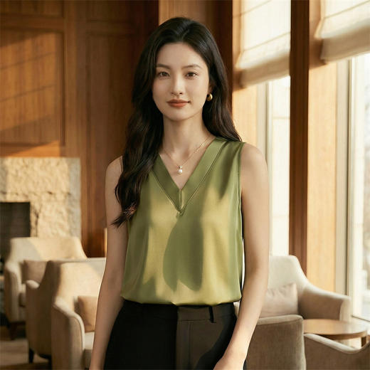 奢姿雅缎面网纱V领背心高级感内搭拼接打底百搭宽松S-3XL 商品图0