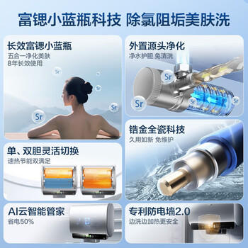海尔【小蓝瓶净肤洗BK5】电热水器60升 双胆扁桶富锶汤泉 锆金全瓷3300W速热家用一级能效 商品图0