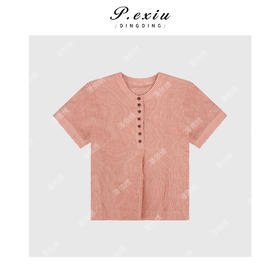 04-3潘依绣丁丁宠粉100%亚麻半开领压褶肌理感条纹短袖衬衫WH00371