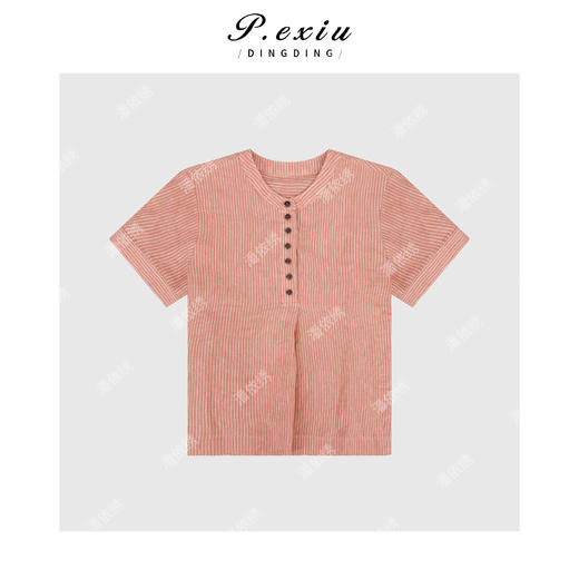 04-3潘依绣丁丁宠粉100%亚麻半开领压褶肌理感条纹短袖衬衫WH00371 商品图0