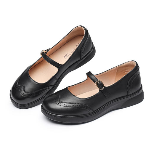 黑色真皮玛丽珍鞋女平底一字扣带雕花软底舒适单鞋6C5096-6 商品图4