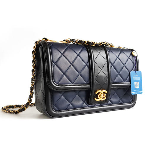 【95新】CHANEL香奈儿A91365 Y07659 C9955蓝黑拼色羊皮菱格CF链条包单肩包女士070426NJS17 商品图2