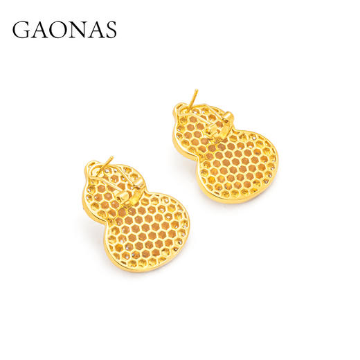 GAONAS 黄铜合成锆石耳饰 福禄双全中式豪镶金色葫芦耳环11926EGO 商品图2