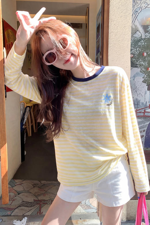曾小咸 韩系刺绣黄色条纹薄款长袖t恤女夏季新款宽松防晒罩衫上衣【预售7-15天发货】 商品图5