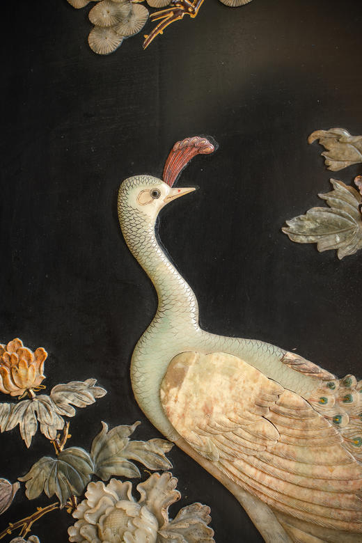 独角鹿西洋古董20世纪中国出品硬石镶嵌孔雀牡丹主题五曲屏风 商品图7