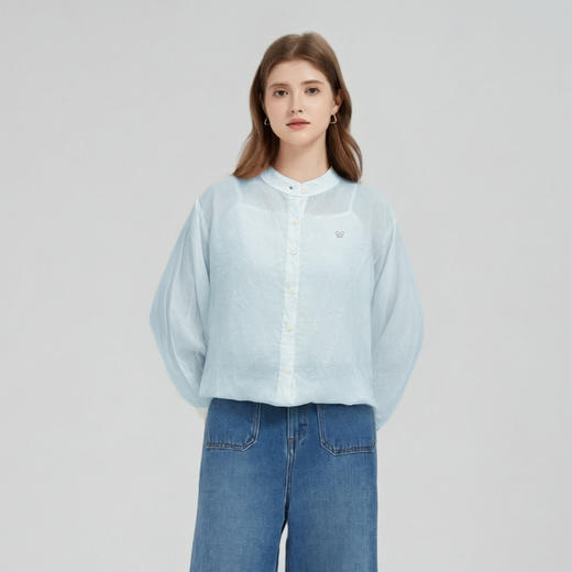 【2件9折】【Petit Bari】Petit Bari轻透百搭天丝亚麻系带遮阳衬衫 商品图0