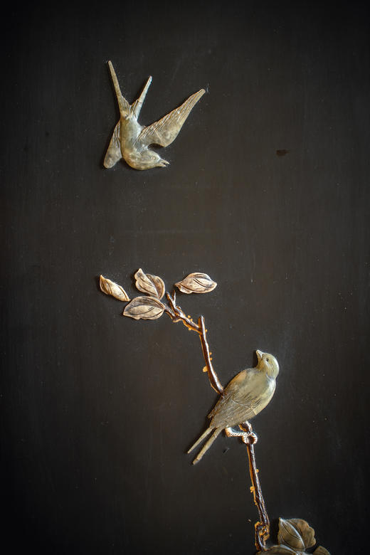 独角鹿西洋古董20世纪中国出品硬石镶嵌孔雀牡丹主题五曲屏风 商品图9